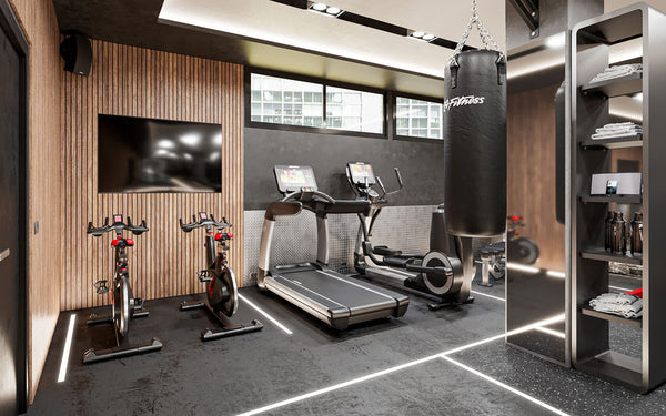 Life fitness Lighting & AV for home basement gym