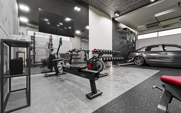 garage gym design with life fitness equipment