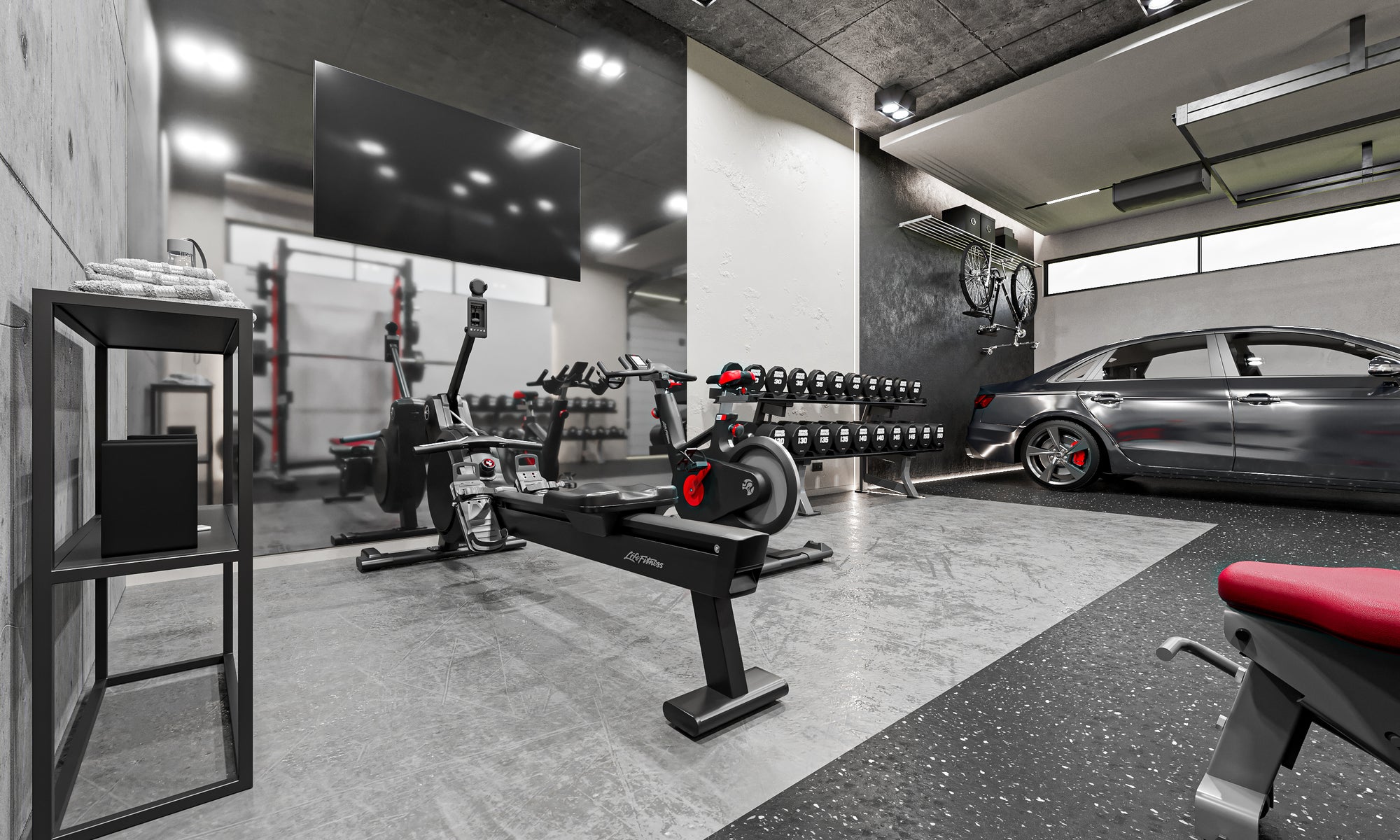 garage gym design with life fitness equipment