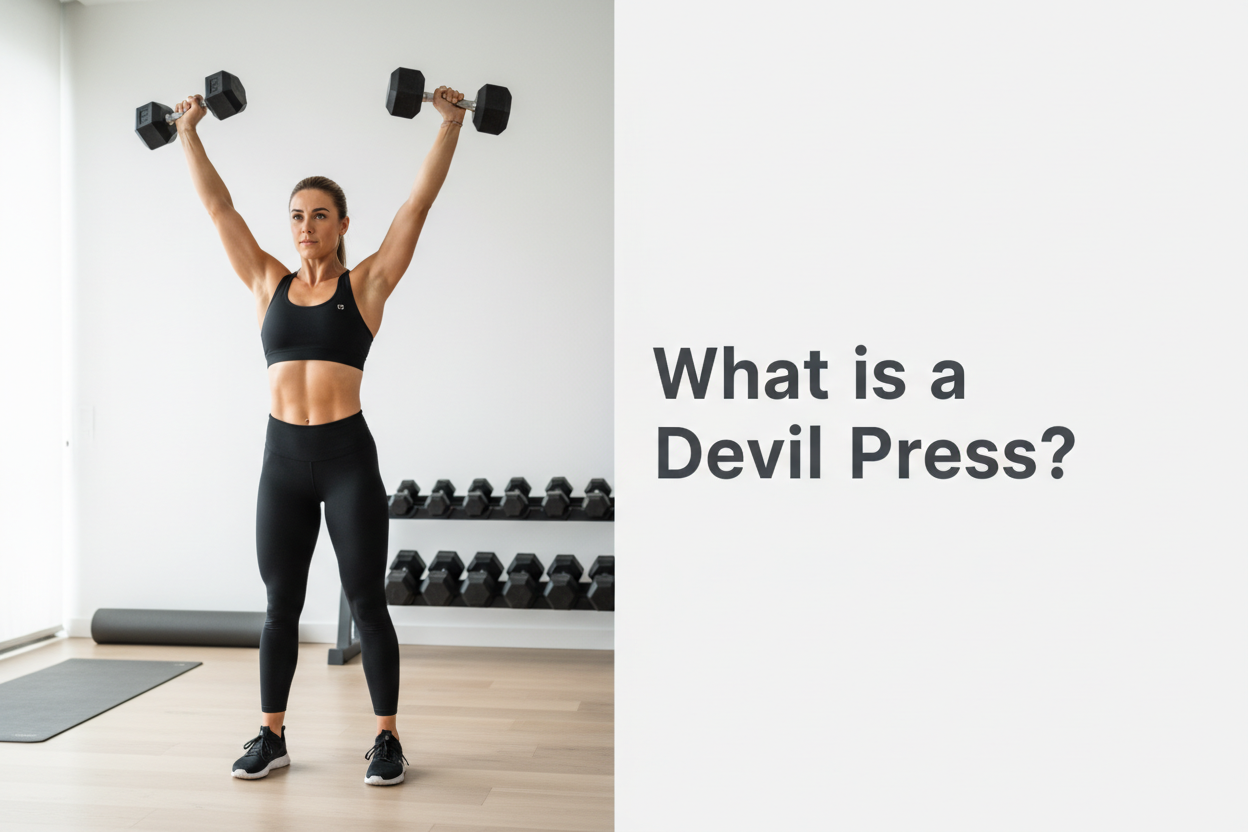 What is a Devil Press? - athlete standing with dumbbells locked out overhead in a premium home gym  