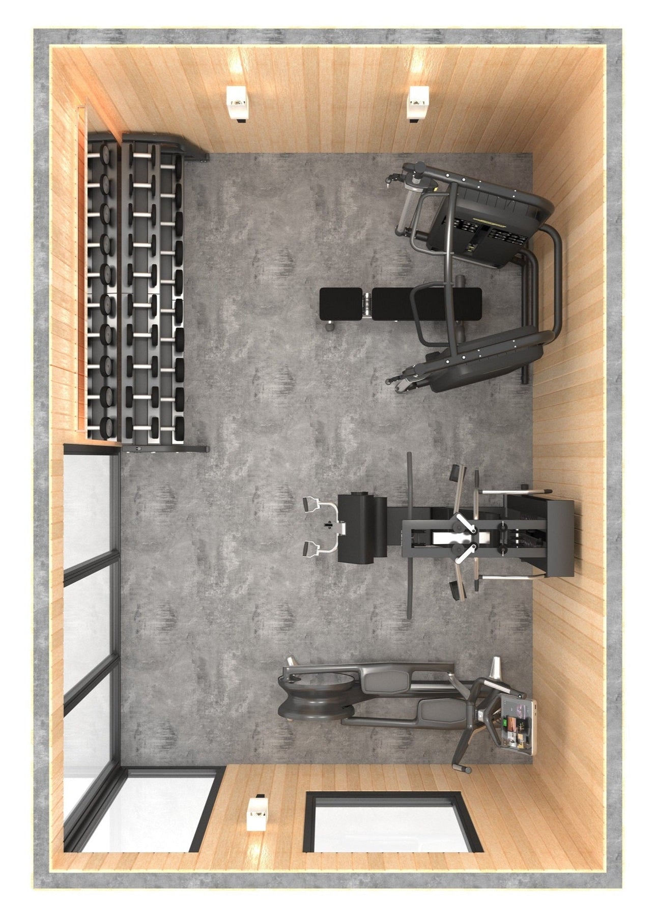 3d plan view of a garden room  gym with technogym exercise equipment.  