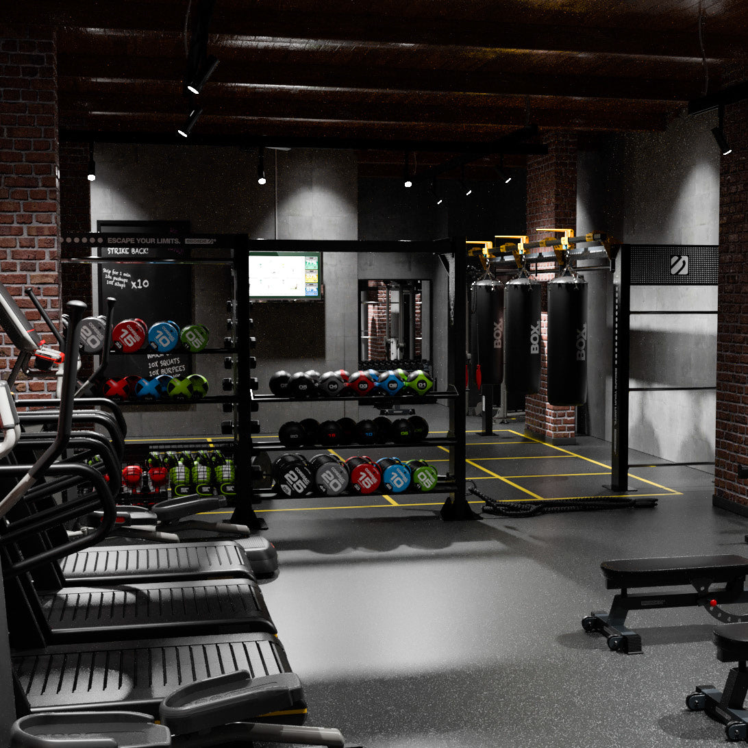 school gym design with cardio and crossfit section  