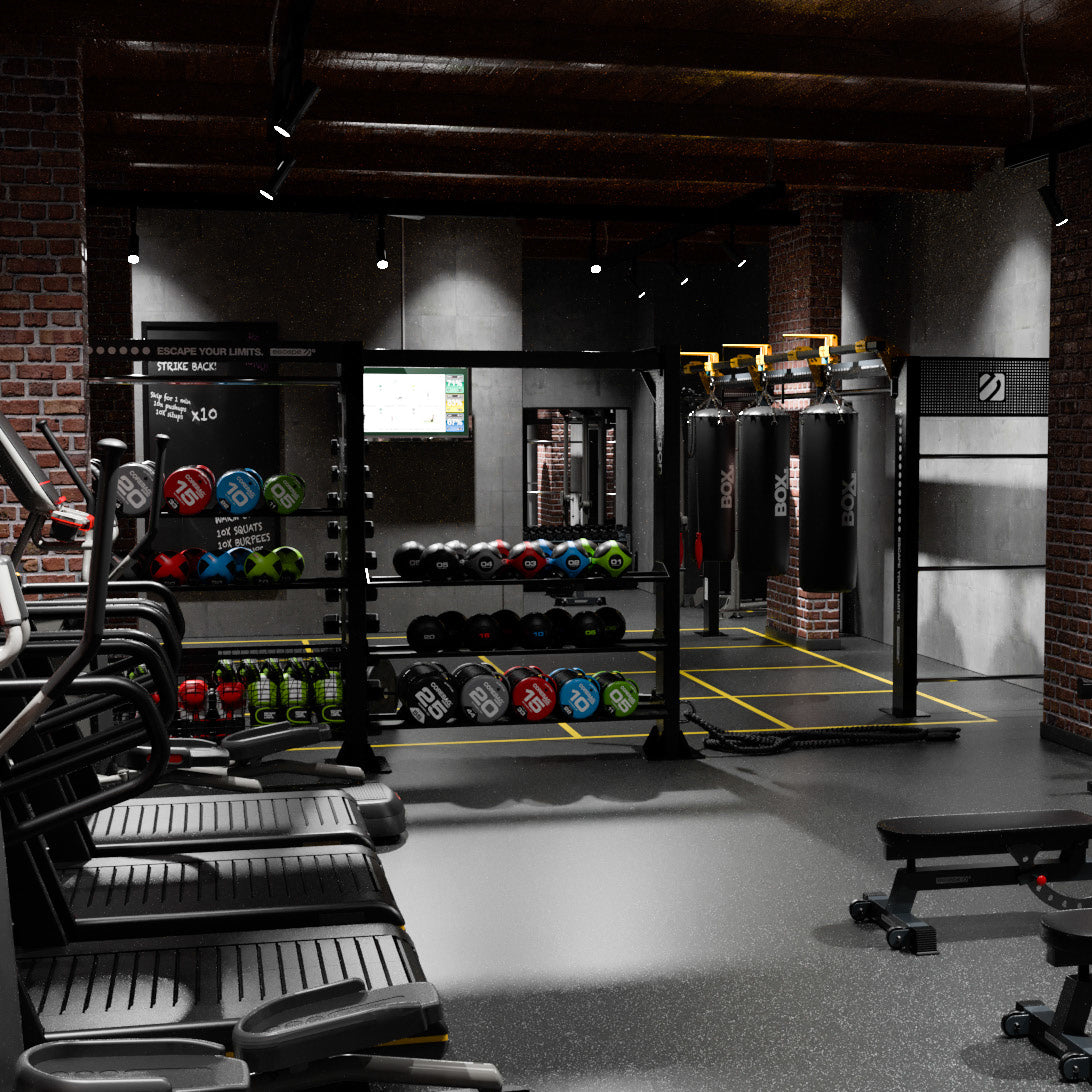 school gym design with cardio and crossfit section