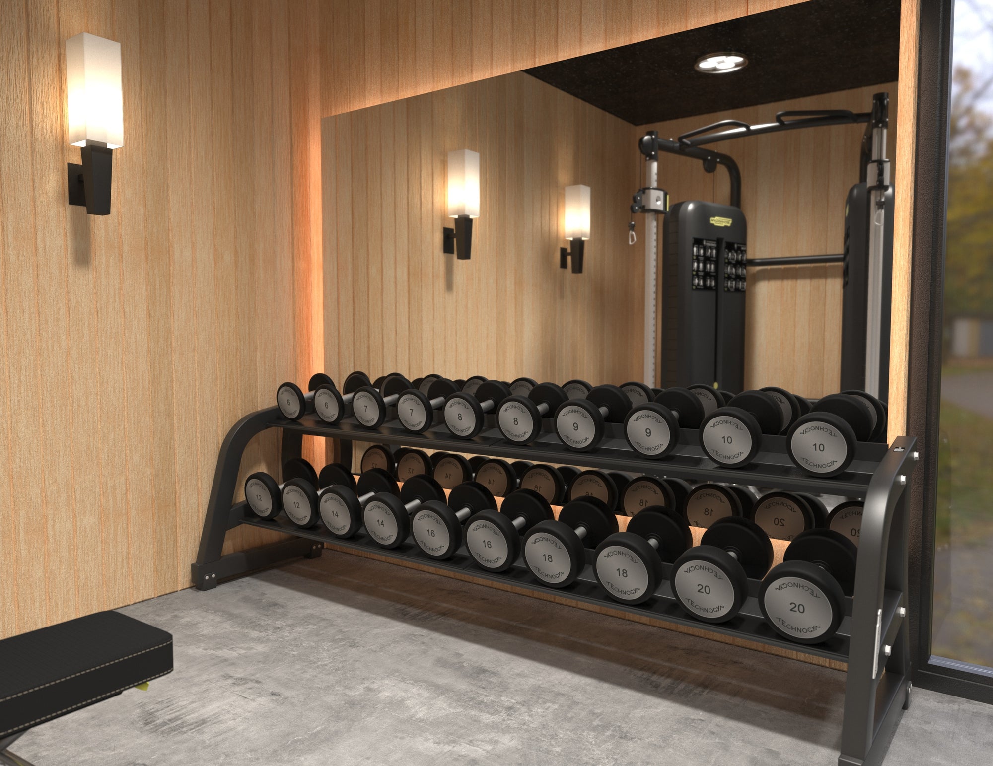 garden room gym design in gerrards cross with mirror and weights