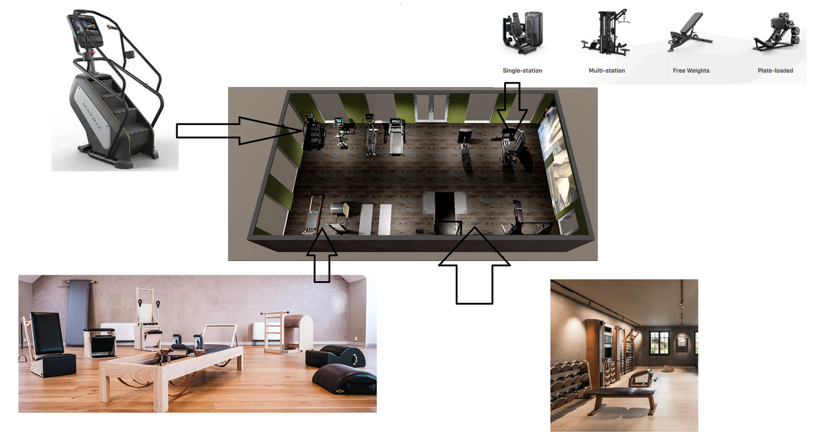 Room layout with treadmill and furniture, showing different views and angles.
