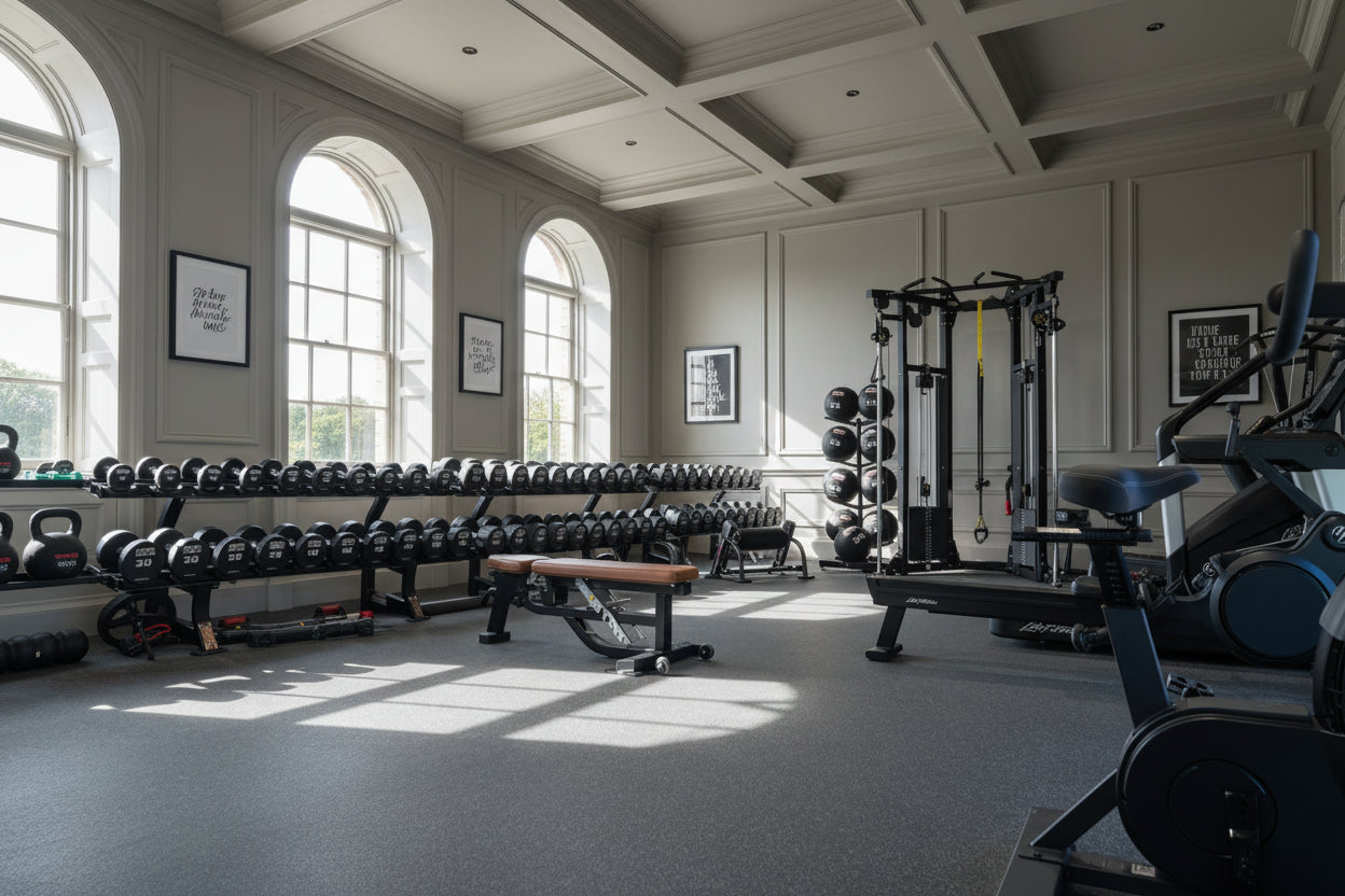 Gym interior with wooden walls, exercise equipment, and lighting fixtures.  