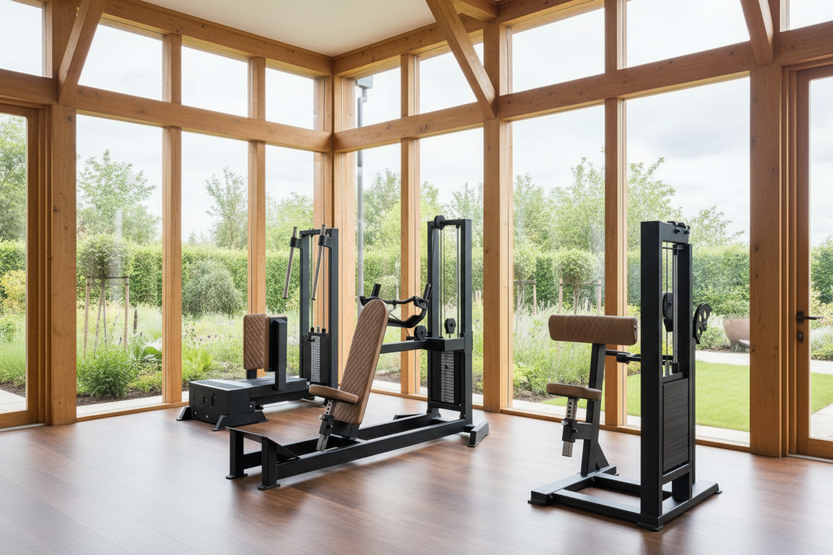 Gym interior with exercise equipment against a brick wall with large windows.