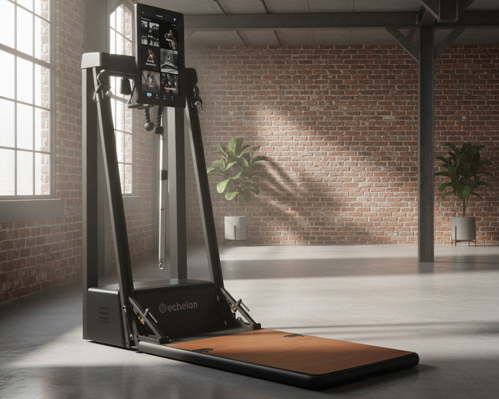 Gym machine in a room with brick walls and large windows