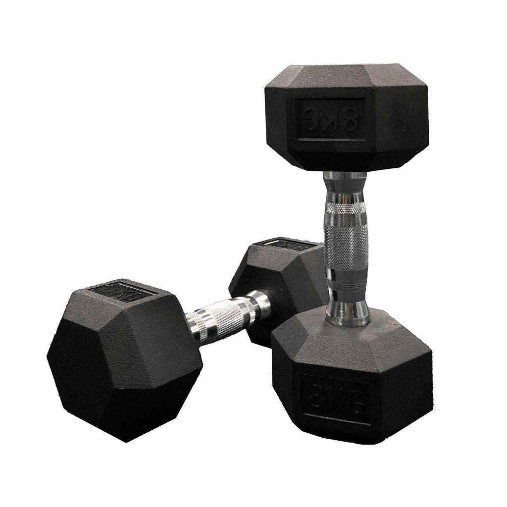 A pair of black rubber hexagonal dumbbells with metal handles.