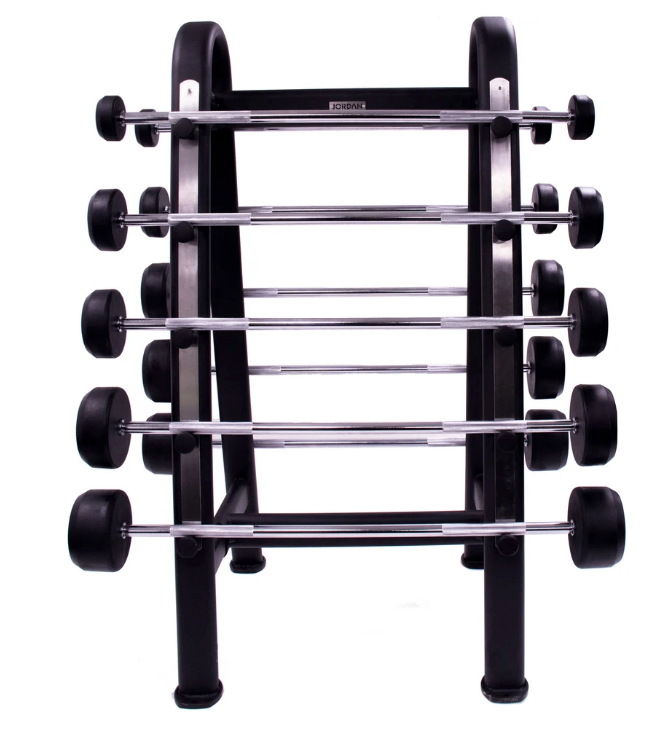 Jordan Rubber Barbell Set 10-45kg Solid Ends with Straight Bars and Rack
